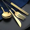 Conjuntos de utensílios de jantar 16 PCs Calhas de ouro pretas de pauzinhos de faca Faca colher de aço inoxidável dourado de cor coreana correspondente 230320