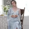 Roupa de dormir feminina Sexy Cetin Lace Robe Conjunto de 2pcs Mulheres verão Solid Kimono vestido fino manga longa Strap Nightie Casual Sweet Home Roupas