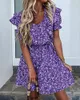Casual jurken paarse bloemen boho jurk dames mouw mini zomer vrouwelijk vierkant wijd uitlopende a-line vakantie hoge taille bloemen 2023