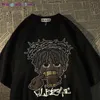 Футболка Wangcai01 DIY American Sty Retro Hiphop Pixel Cartoon Short Shirt для мужчин и женщин INS Summer Loose High Street Coup Top Y2K 0320H23