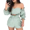 Women's Tracksuits Women off shoulder long sleeve stripes print blouse shirt shorts suit two piece set 230317