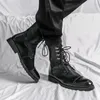 Boots Men Short Brown PU Round Head Low Heel Wing Tip Lace Up Fashion Versatile Casual Street Outdoor Daily Dress Shoes 230320