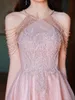 ピンクホルタータッセルプロムドレスオフショルダーアップリケラインQuinceanera Beading Fancy Sequingin Slim Evening Party Gowns Birthday