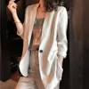 Kvinnors kostymer blazrar 2023 Autumn Arts Style Women 3/4 Sleeve Loose Casual Single Button Cotton Linen Solid Blezer Femme Coat Plus Size S-