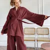 Sleepwear Women Japonês Kimono Conjunto 100% Cotton Robe Bathrobe Sexy Pijamas de duas peças Sweat Sweat Sweat Faurs Set Service Set Moda Sleepwear 230317