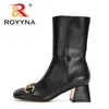 Botas ROYYNA Diseñadores Hebilla de metal Otoño Invierno Zapatos Mujer Spuare Toe Block Heels Botines Mujer Botas Cómodas 230320