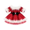 Girl Dresses Christmas Kids Girls Fleece Dress O-Neck Long-Sleeve Off Shoulder High-Waist Skirt With Fur Hem Party Pageant Santa 1-7Y