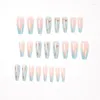 False Nails 24pcs/box Blue Gold Butterfly Line Fake Press On Self-adhesive Full Coverage Manicure Head Long Ballet