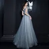 Haze Blue Prom-jurken kristal kralen applique boothals off schouder tule a-line banket veter omhoog lange gastheer feest avondjurk
