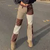 Jeans femininos outono marrom mulheres cowboy listrado retalhos jeans rua casual hip hop cintura alta solta jeans retos calças de moda feminina 230317