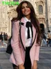 بدلات المرأة بليزرز T Moda Women Elegant Pink Pink Twhedted Blazer Blazer Long Sleeve Coats Coats Fashion Streetwear Tops 230320