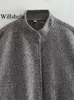 Kvinnors jackor willshela kvinnor mode grå jackor kappa med fickor vintage o-hals enkelbröst långa ärmar kvinnliga chic lady outfits 230317