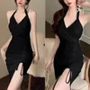 Casual Dresses Kayotuas Frauen Bleistiftkleid Sommer rückenfrei Halter hohe Taille Split figurbetonte Tasche Hüfte plissiert enge dünne Party Clubwear