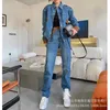 Women's Jeans Designer New Autumn and Winter Wash Splice Leather Label High Waist Straight Barrel Blue Casual Simple Style 8OR0