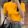 女性用TシャツクロップトップTシャツ女性ソリッドネック女性のためのショートスリーブのTシャツ2023ホワイトトップハイウエストスリムTシャツ女性