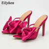 Sandaler Silk Crystal Butterfly-Knot Mule High Heels Slippers Sandaler Point Toe Strappy Slides Party Women Shoes 230316