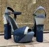 Sandals Est Light Blue Patchwrok Dark Denim Chunky Heel Peep Toe High Platform Ankle Strap Thick Dress Shoes