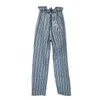 Jeans da donna firmati pantaloni a righe verticali con boccioli di fiori a vita alta gamba larga slim denim dritto sfilacciato G63P