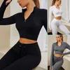 Reißverschluss-geripptes Yoga-Set, Sport-Outfit für Damen, nahtloses Langarm-Top, Kordelzug-Leggings, Laufen, Fitness-Workout-Trainingsanzug