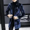 남자 양모 블렌드 로얄 블루 프린트 벨벳 따뜻한 코트 디자이너 겨울 재킷 트렌디 슬림 한 슬림 한 길고 230320