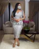 Chic Silver Aso Ebi Prom Dress 2023 Per le ragazze nere Mermaid manica lunga Mid Evening Gowns Elegante paillettes formale Cocktail Party Donna Abiti da cerimonia africani