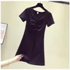 Casual Dresses 2023 Summer Avocado Green Drawstring V-Neck Short Sleeve T-Shirt Mid Length Dress Tight Party Women's Little Black Cotton