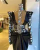 Dubai Black High Neck Crystal Evening Dresses Long Sleeve African Satin Plus Size Mermaid Formal Prom Party Gowns Robe De Soiree