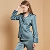 Kvinnors sömnkläder Kvinnors pyjamas Summer Sleepwear Plus Size Ice Silk Pyjama Set Lapel Collar Neck Long Sleeve Pijama Tvådelade kvinnliga loungekläder 230321