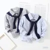 Barnskjortor Spring Autumn Fashion 2 3 4 6 8 10 år barn TurnDown Collar Striped Long Sleeve Shirt med slips för Baby Kids Boy 230321