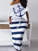 Tracksuits Plus Size Two Piece randig kjol Set Anchor Print Fashion Casual Oblique Bateau Collar Summer Tops Bottoms Matching Outfits