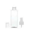 Bärbar plast tom flasktransparent platt axel husdjur 100 ml 120 ml 150 ml 200 ml 250 ml vit sparkpresspump med tydlig täckningsbar kosmetisk förpackning