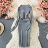 Sukienki swobodne dzianinowe żebro maxi sukienka koreańska elegancka solidna czarna linia Linia długie rękawy seksowne bodycon szlafrok pullover swobodne panie vestidos 230321