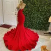 Stunning Red Halter Mermaid Prom Dresses Shiny Cut-Out Graduation Gowns Beaded Sweep Train Black Girls Homecoming Dress