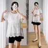 Sleep Lounge Maternity Suit Summer Sweet Lace Shirt Women Hollow Round Neck Shortsleeve Top Two Piece Set 230320