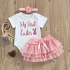 Kledingsets Pasgeboren babymeisjes Set Zomer Katoen Bunny Letters Print Romper Net Garen Rok Hoofdband 3pcs Outfit 018 maanden Z0321