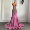 Vestidos de festa Sexy Longo Brilhante Baile 2023 Transparente Decote O Luxo Cristais Prateados Diamante Lantejoulas Sereia Vestidos Pretos para Meninas