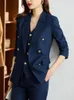 Women's Two Piece Pants Autumn Winter Women Vest Blazer And Pant Suit Orange Navy Khaki Office Ladies Formal Business Work Career Wear 3