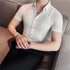 Mens Casual Shirts British Style Summer LCE Silk Short Ssleeves Shirts/Male Slim Fit Lapel Stripe Stretch Business Dress 230321