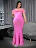 Sukienki plus size syrena Ontinva Długie kobiety z ramion różowe marszczone Empire Bodycon Maxi Evening Cocktail Gowns Stroje 4xl