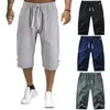 Running Shorts Mens 3/4 Long Length Capri Sport Pants Elastic Waist Linen Casual Loose