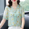 Kadın bluzları çiçek küçük gömlek kadın kısa kollu 2023 yaz kaseti v boyun moda dantel okyanus mizaç asil bluz üstü