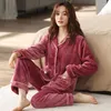 Women's Sleepwear Est M-4XL Women Pajamas Set Flannel Long Sleeve Turn-down Collar Cardigan Coral Fleece Pyjama