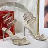 Crystal Lamp stiletto häl sandaler för kvinnors sko Rene Caovilla Cleo Rhinestone Studded Snake Strass Shoes Luxury Designers 9,5 cm High Heeled Sandal 589ESS