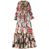 LD LINDA DELLA Mode Runway Zomer Maxi-jurk met lange mouwen Dames elastische taille Bloemenprint Elegante feestvakantie Lange jurk 210309