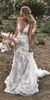 Винтаж Boho Mermaid Spaghetti Свадебное платье V-образное кружевные аппликации 3D цветы