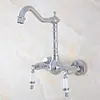 Mutfak muslukları cilalı krom pirinç duvara monte edilmiş banyo lavabo musluk döner spout mikser musluk çift seramik kolları kollar mnf566