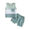 Комплекты одежды для младенца мальчика летние шорты. Питчерка для рукавов экипажа шеи майки с твердыми шортами с карманами 2pcs set z0321