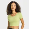 Lu Lu Lemens veckade tillbaka Yoga Tops med vadderad BRA Sports Short Sleeve Slim Shirts Workout Fitness Gym kläder Kvinnor