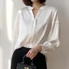 Women's Blouses Women 20 Momme 93% Mulberry Silk 7% Spandex White Buttons Down Long Sleeve Shirt Top Blouse Collared Office Work M L XL 8150