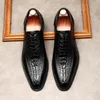 Chaussures habillées motif Crocodile en cuir véritable hommes mode bureau d'affaires italien noir bout carré à lacets chaussures Oxfords formelles